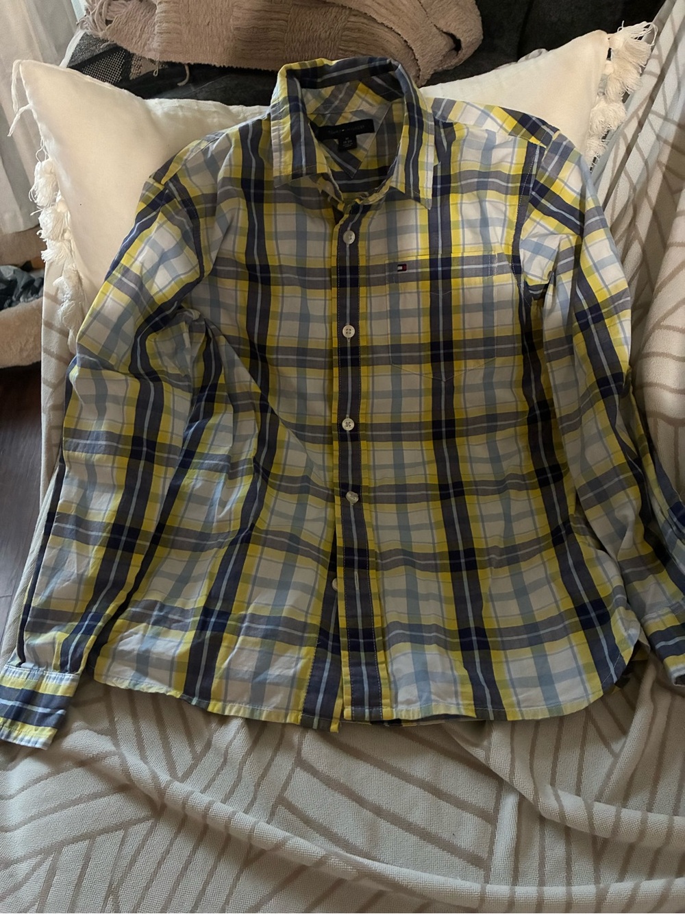Tommy Hilfiger Men’s Yellow and Blue Plaid Button-Down Shirt